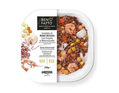 Salade de riz rouge avec seiches et crevettes
